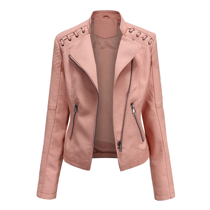 Wilhelmina faux leather moto jacket in camel, front view