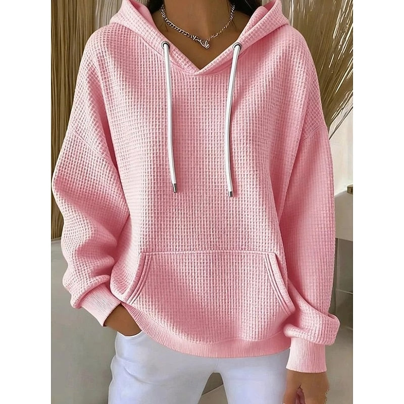 Wilhelmina pink textured hoodie with drawstring hood, front view