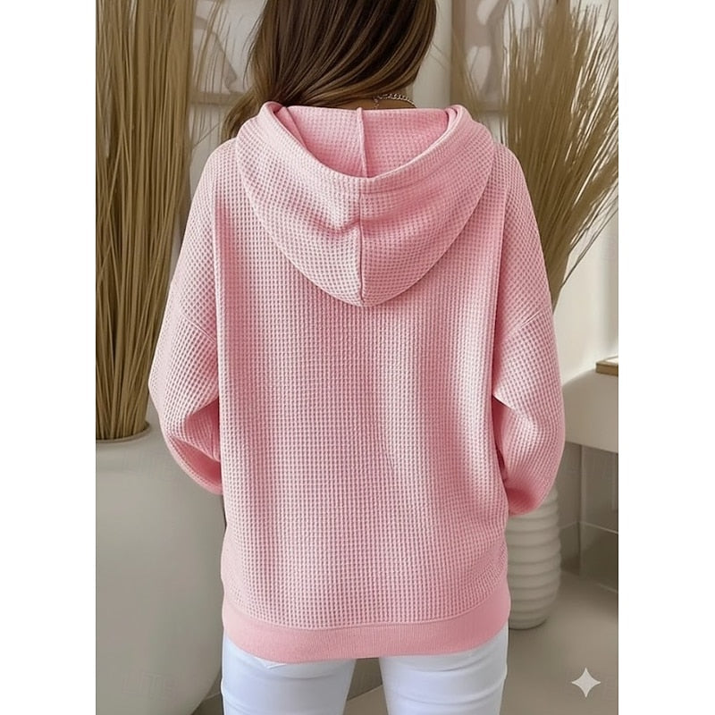 Wilhelmina pink textured hoodie, back view with hood detail