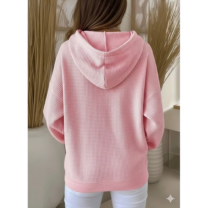 Wilhelmina pink textured hoodie, back view with hood detail