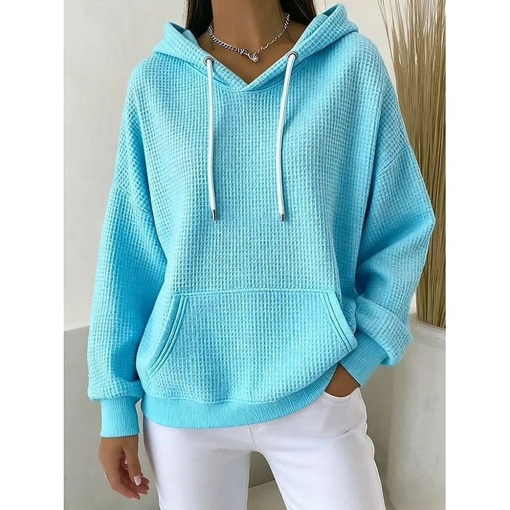 Wilhelmina blue textured hoodie with drawstring hood, front view