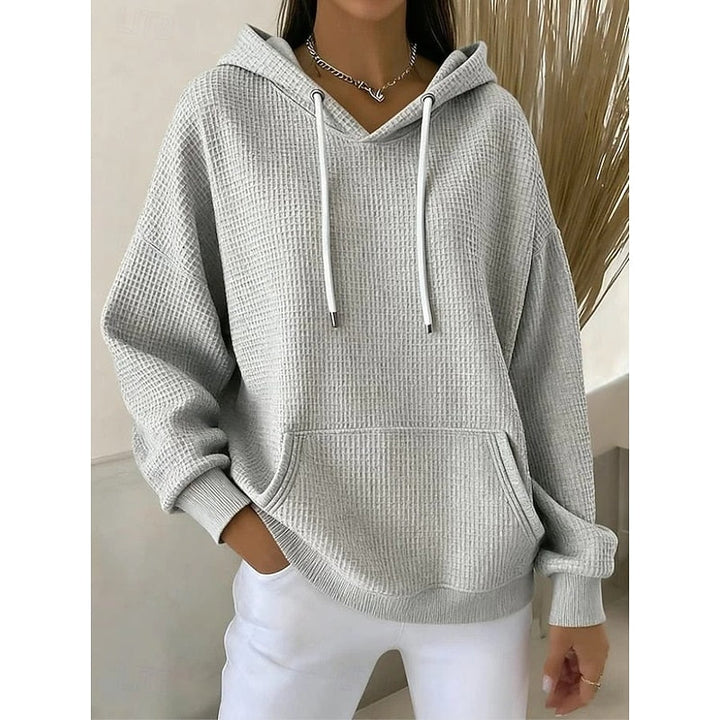 Wilhelmina blue textured hoodie with drawstring hood, front view