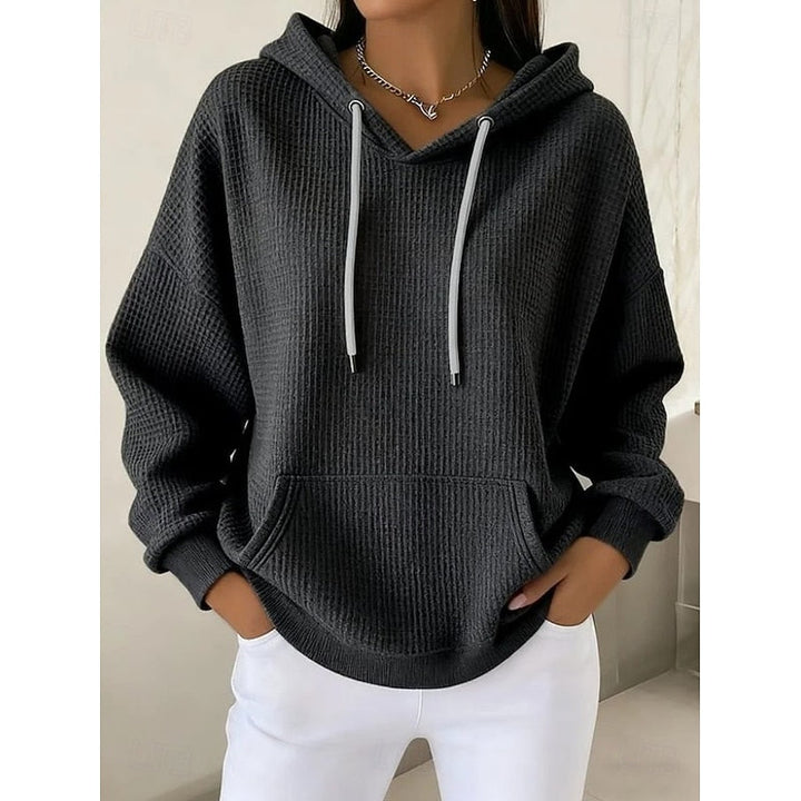 Wilhelmina blue textured hoodie with drawstring hood, front view
