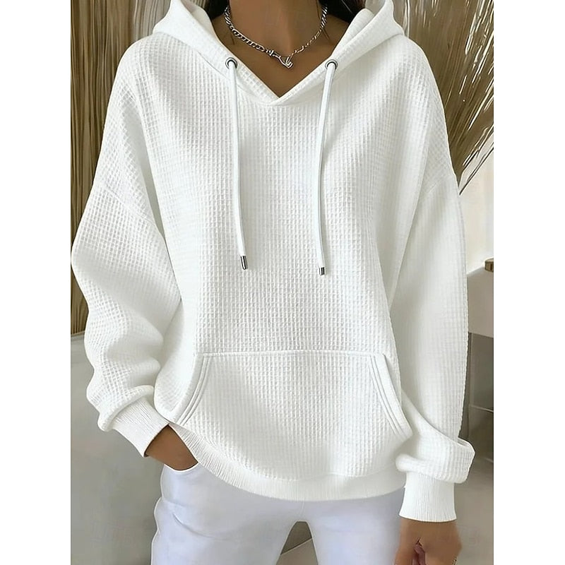 Wilhelmina blue textured hoodie with drawstring hood, front view