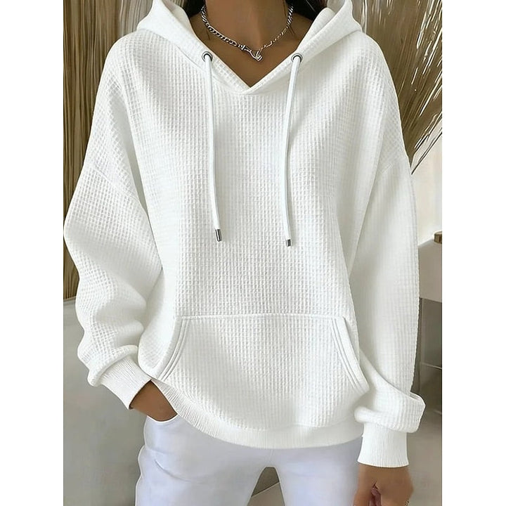 Wilhelmina blue textured hoodie with drawstring hood, front view