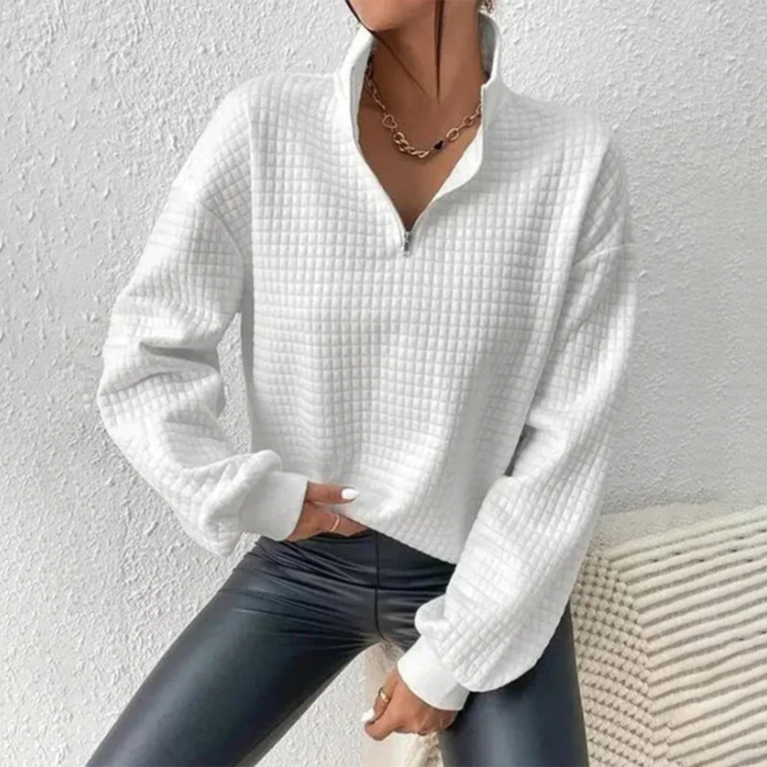 Winnifred quarter zip textured mock neck sweater, front view close-up
