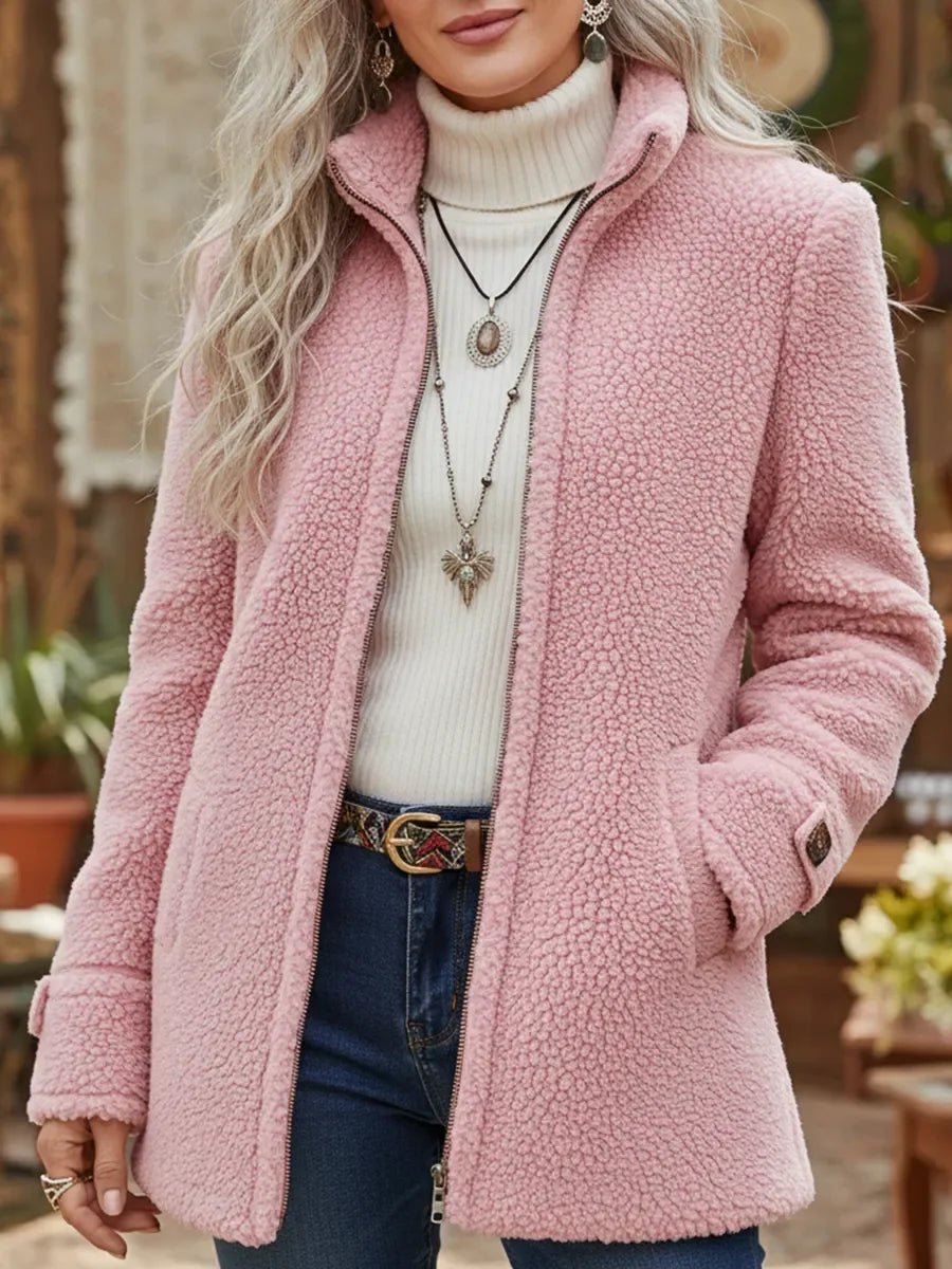 Winnifred pink stand collar zip-up sherpa jacket, front view