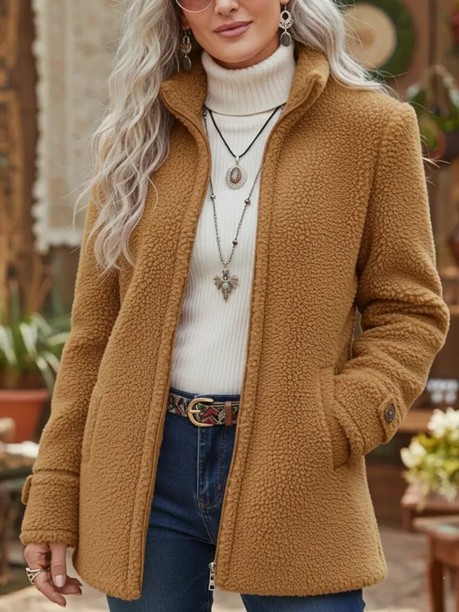 Winnifred camel stand collar zip-up sherpa jacket, front view