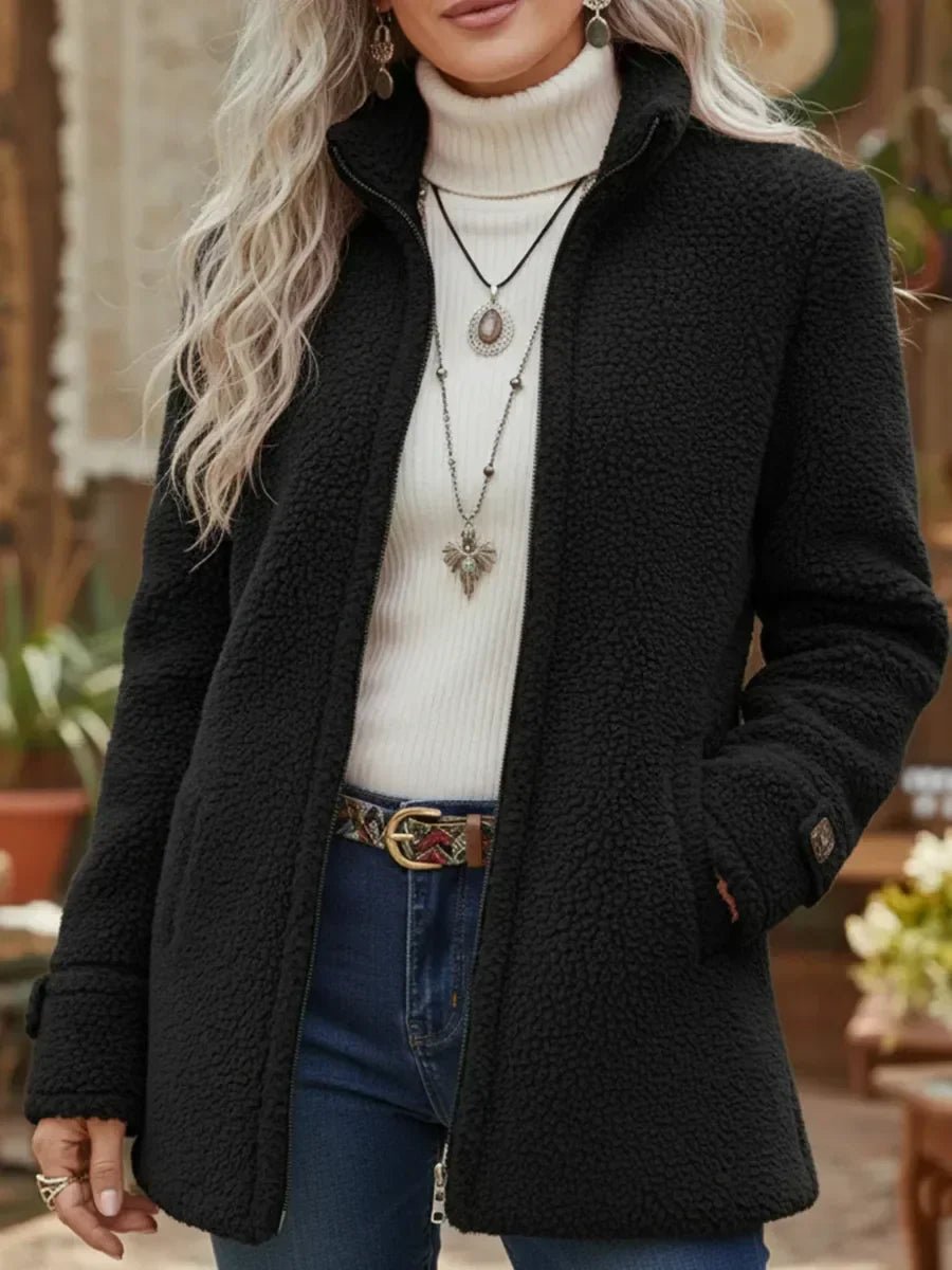 Winnifred black stand collar zip-up sherpa jacket, front view