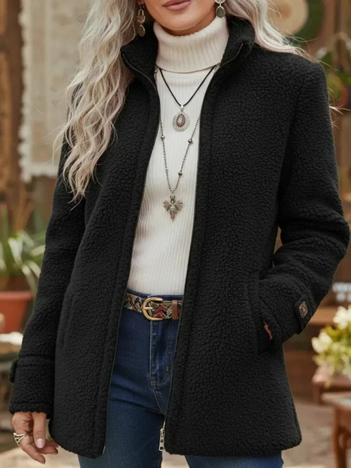 Winnifred black stand collar zip-up sherpa jacket, front view