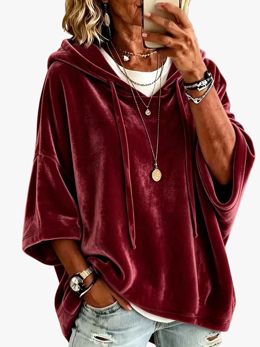 Winona oversized hooded sweater in wine red, front view close-up