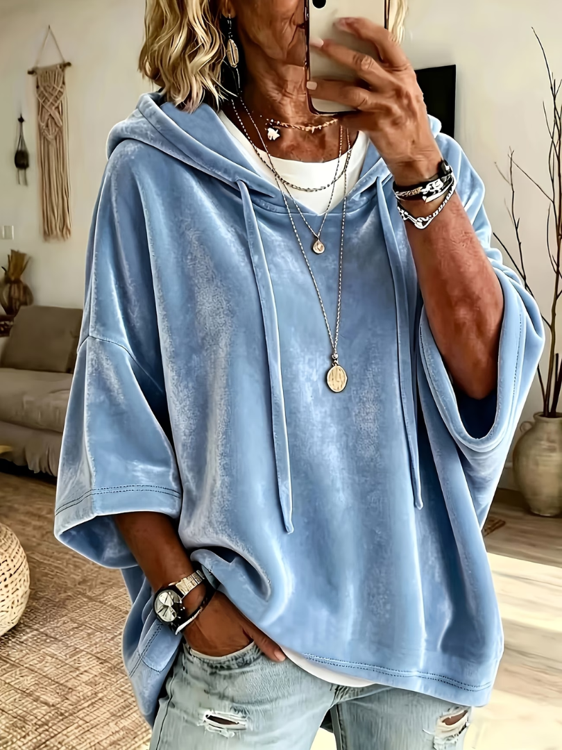Winona oversized hooded sweater in blue, front view close-up