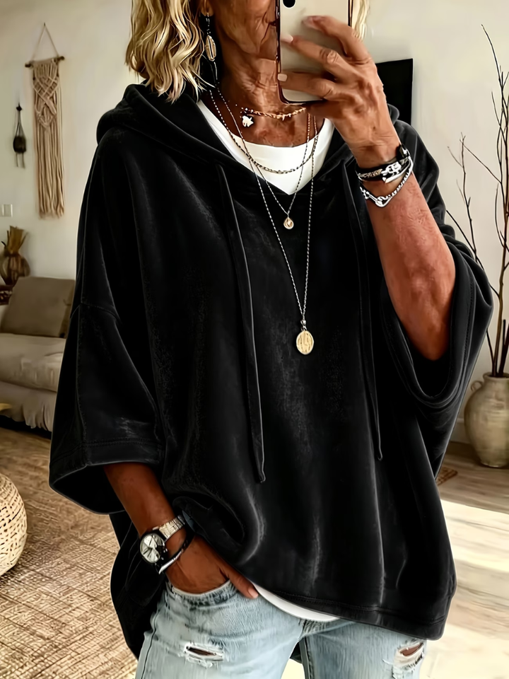 Winona oversized hooded sweater in black, front view close-up