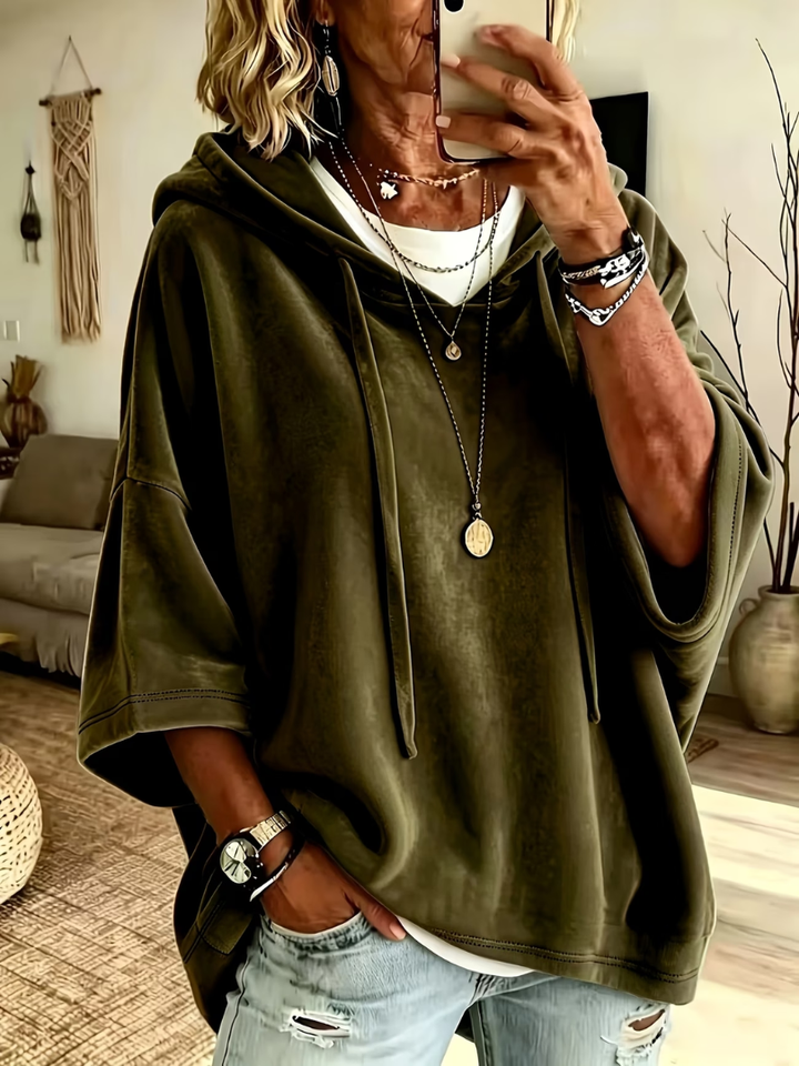 Winona oversized hooded sweater in green, front view close-up