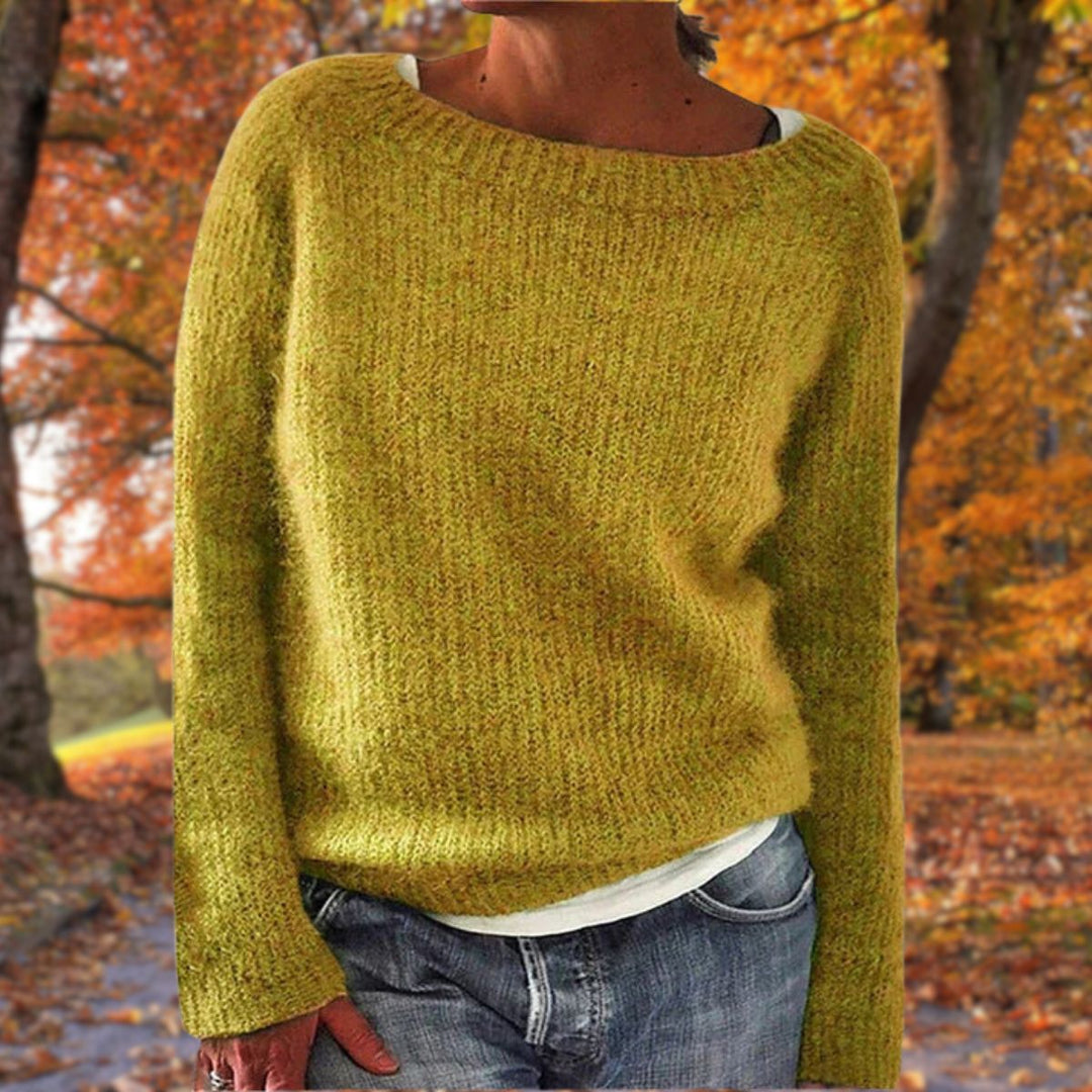 Wren yellow boat neck relaxed fit sweater, front view
