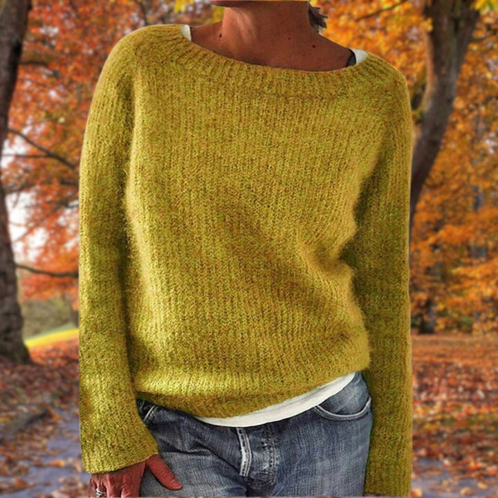 Wren yellow boat neck relaxed fit sweater, front view