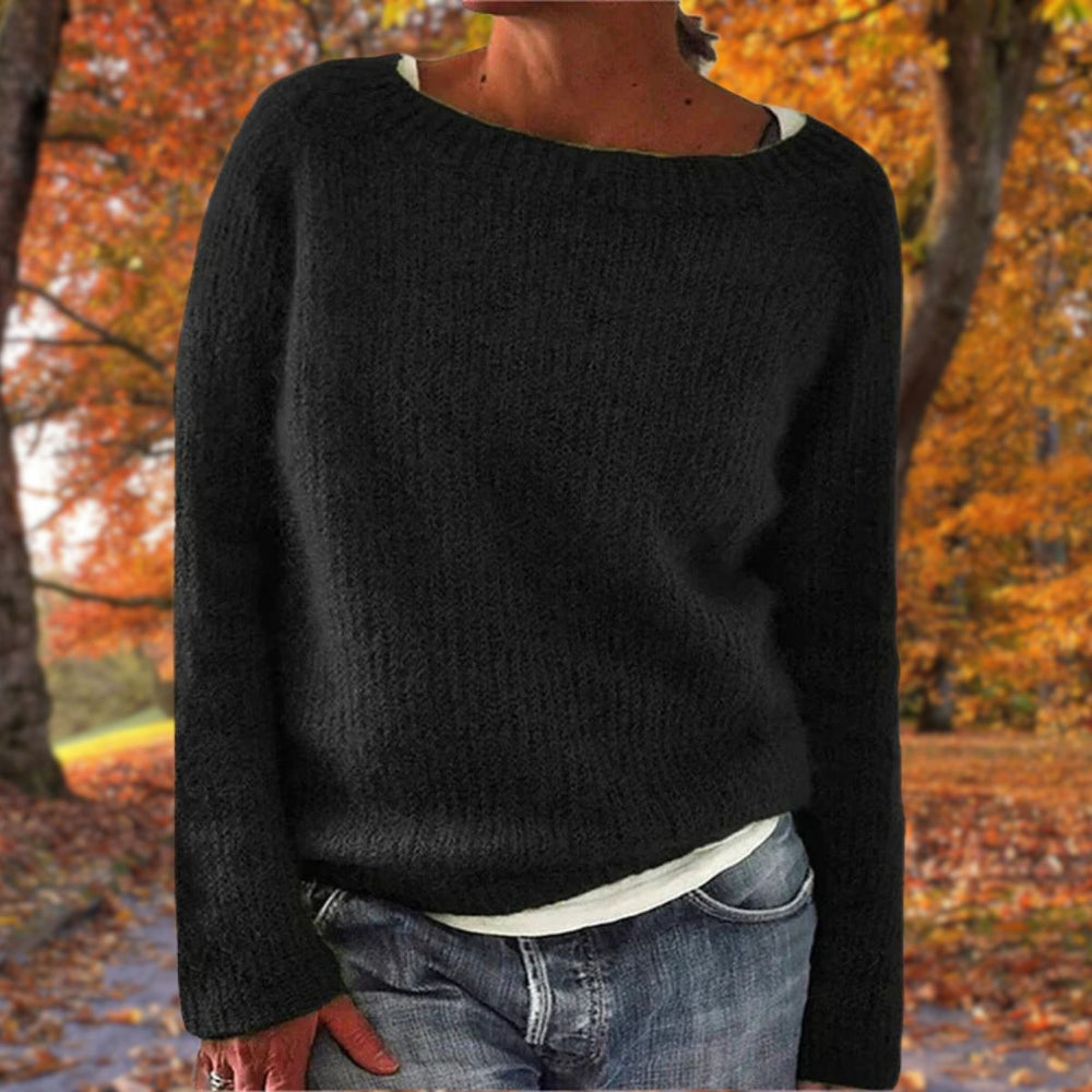 Wren black boat neck relaxed fit sweater, front view