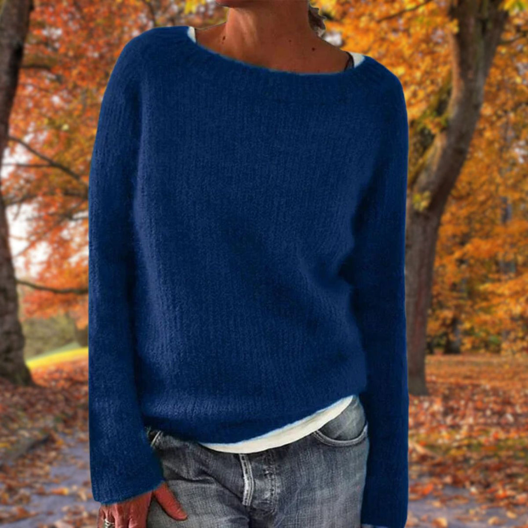 Wren blue boat neck relaxed fit sweater, front view