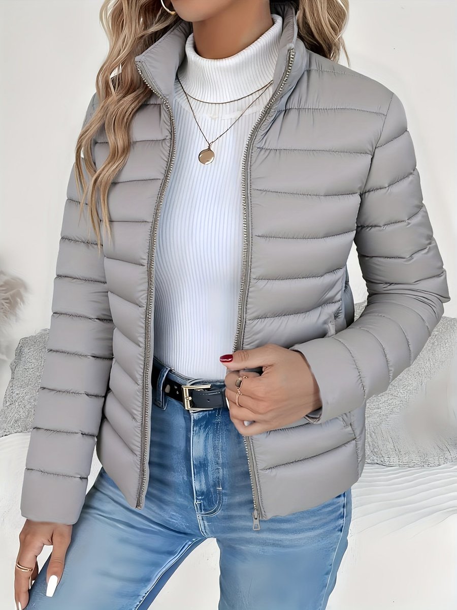 Wren quilted puffer jacket in gray with stand collar, front view