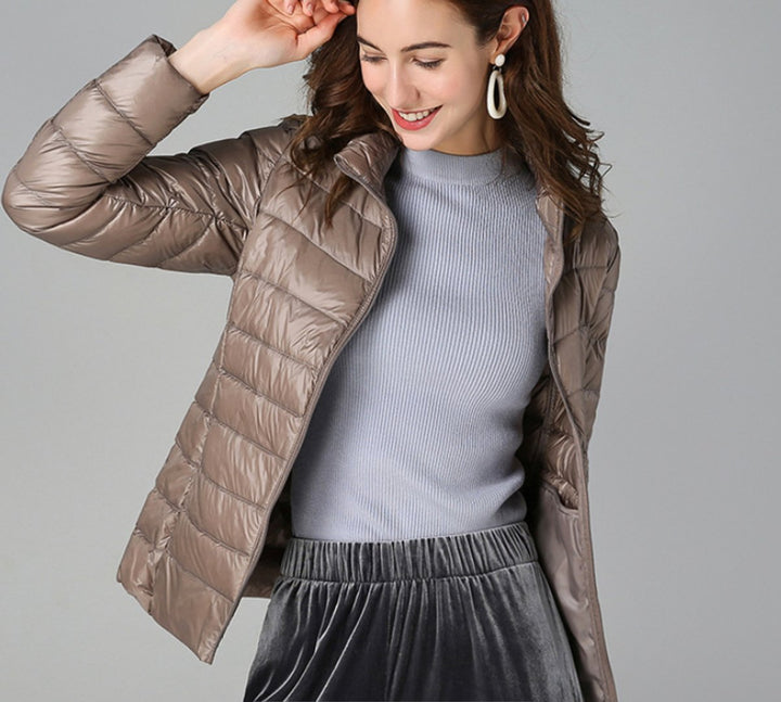 Wren quilted puffer jacket in gray with stand collar, front view