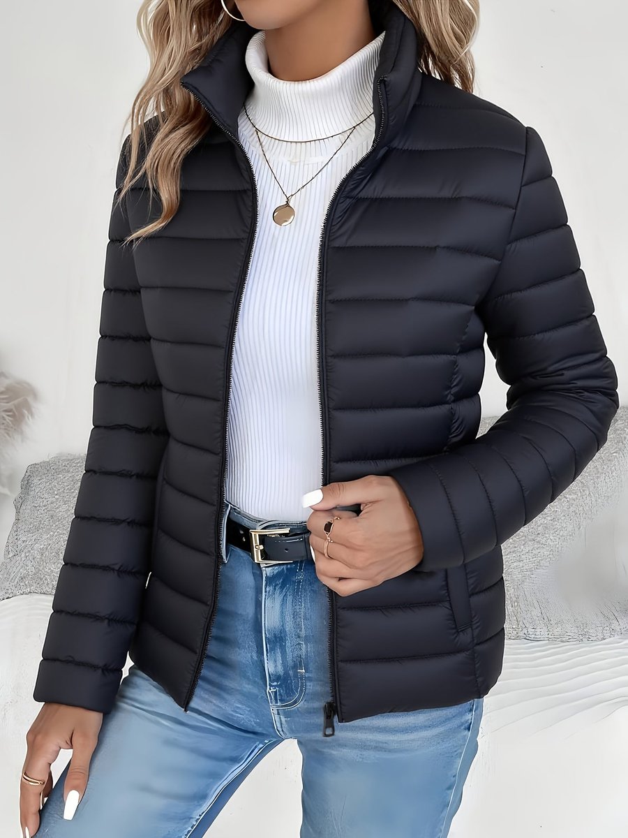 Wren quilted puffer jacket in black with stand collar, front view