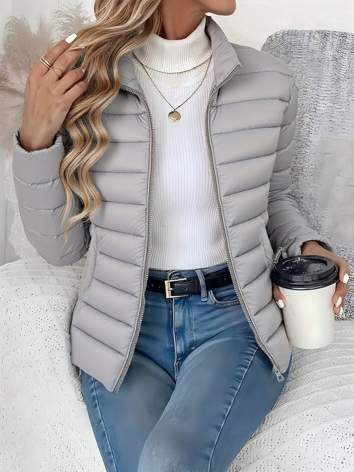 Wren quilted puffer jacket in gray with stand collar, front view