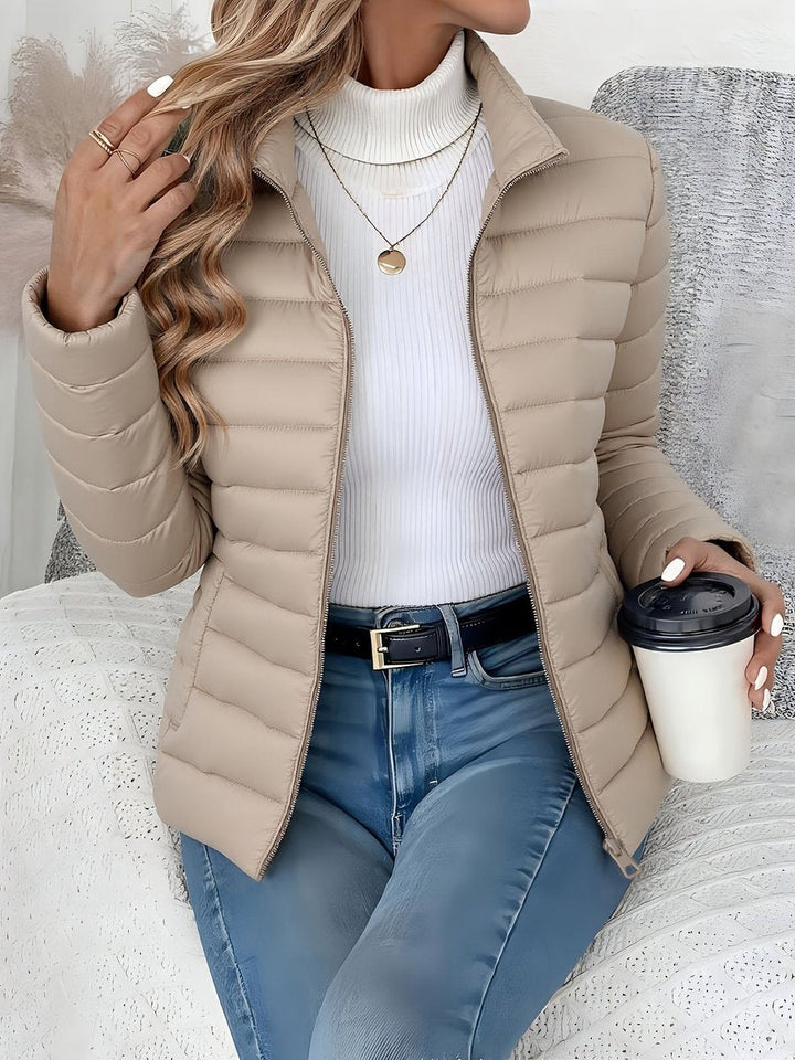 Wren quilted puffer jacket in gray with stand collar, front view