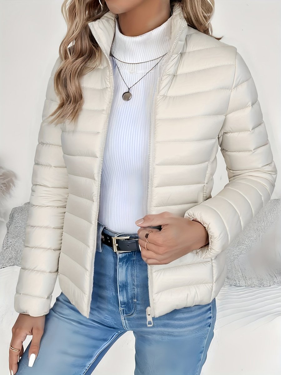 Wren quilted puffer jacket in gray with stand collar, front view