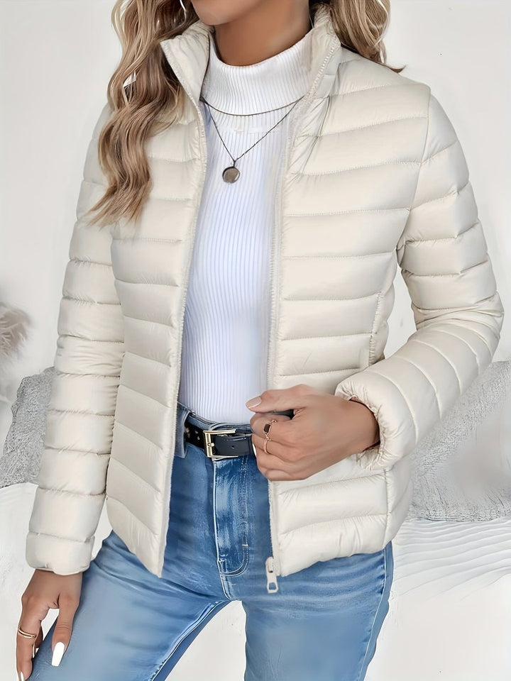 Wren quilted puffer jacket in gray with stand collar, front view
