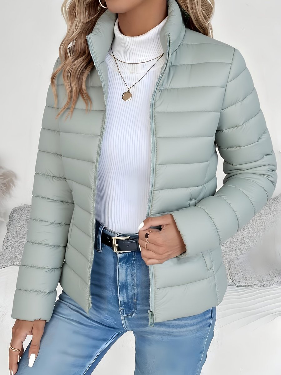 Wren quilted puffer jacket in gray with stand collar, front view