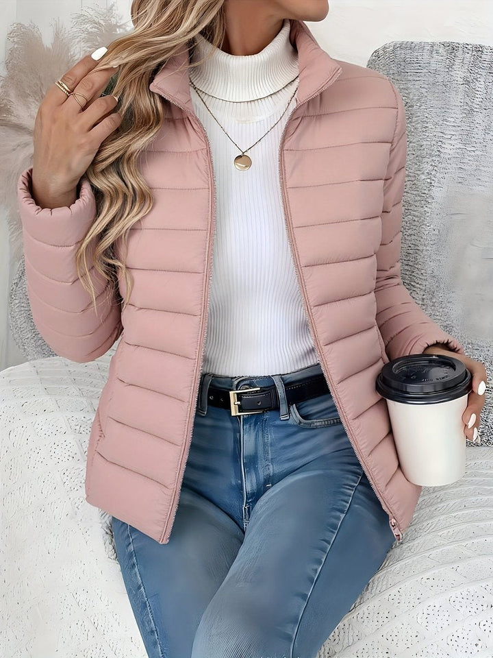 Wren quilted puffer jacket in gray with stand collar, front view