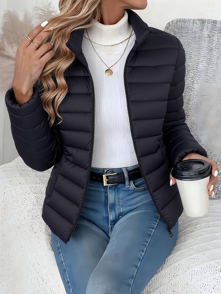 Wren quilted puffer jacket in gray with stand collar, front view