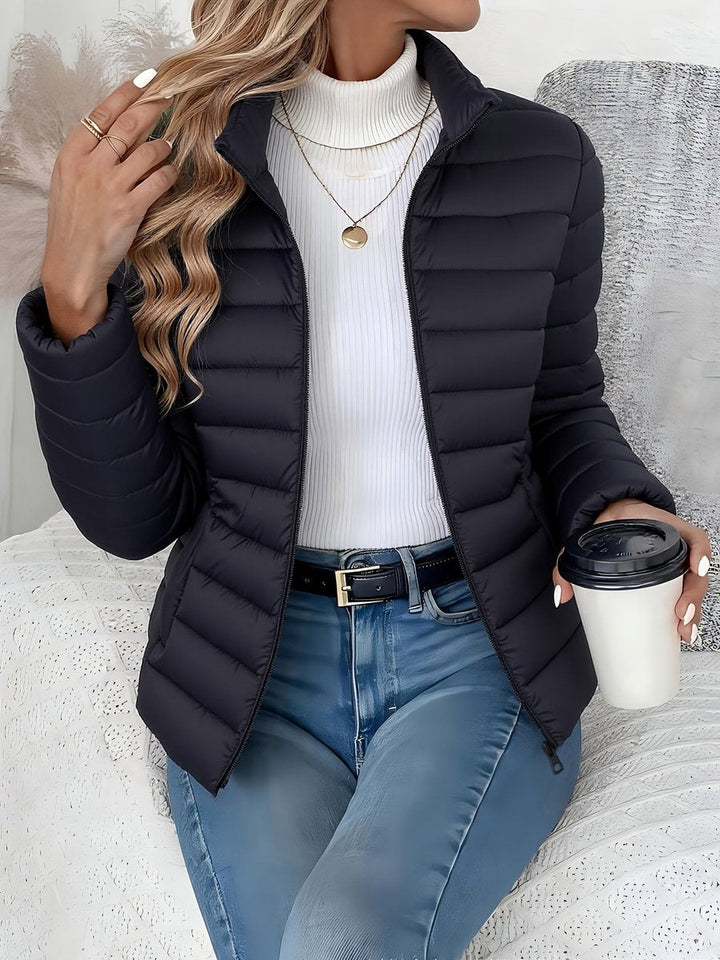 Wren quilted puffer jacket in gray with stand collar, front view