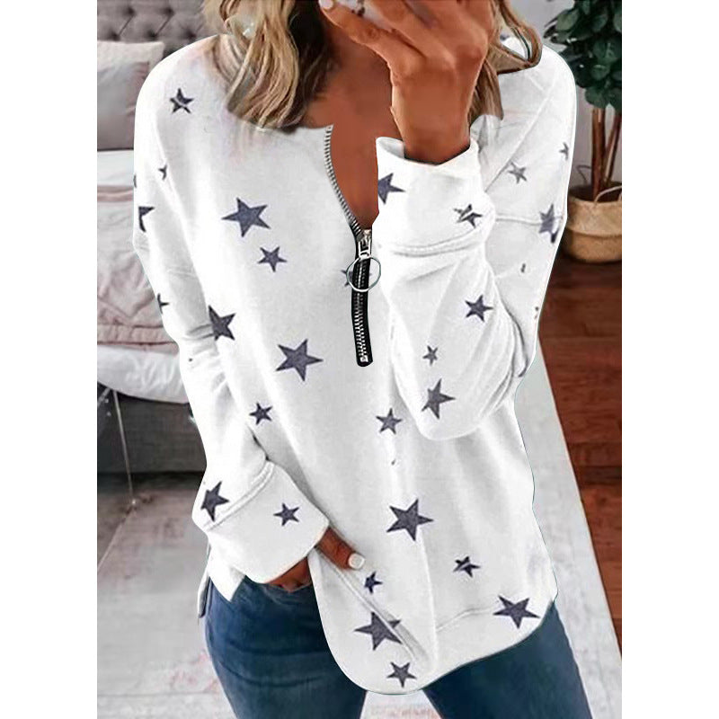 Wynter star print zip front sweater in khaki, front view
