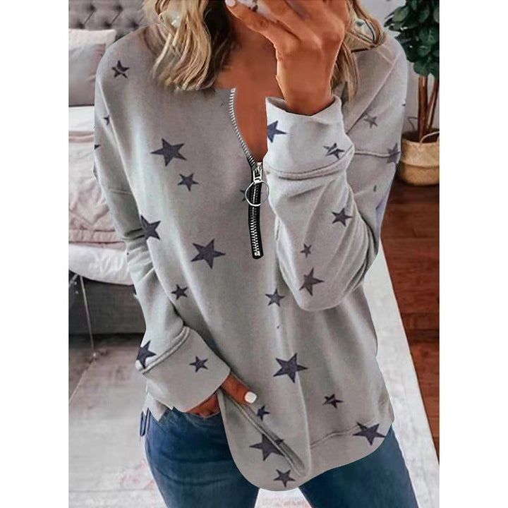 Wynter star print zip front sweater in khaki, front view