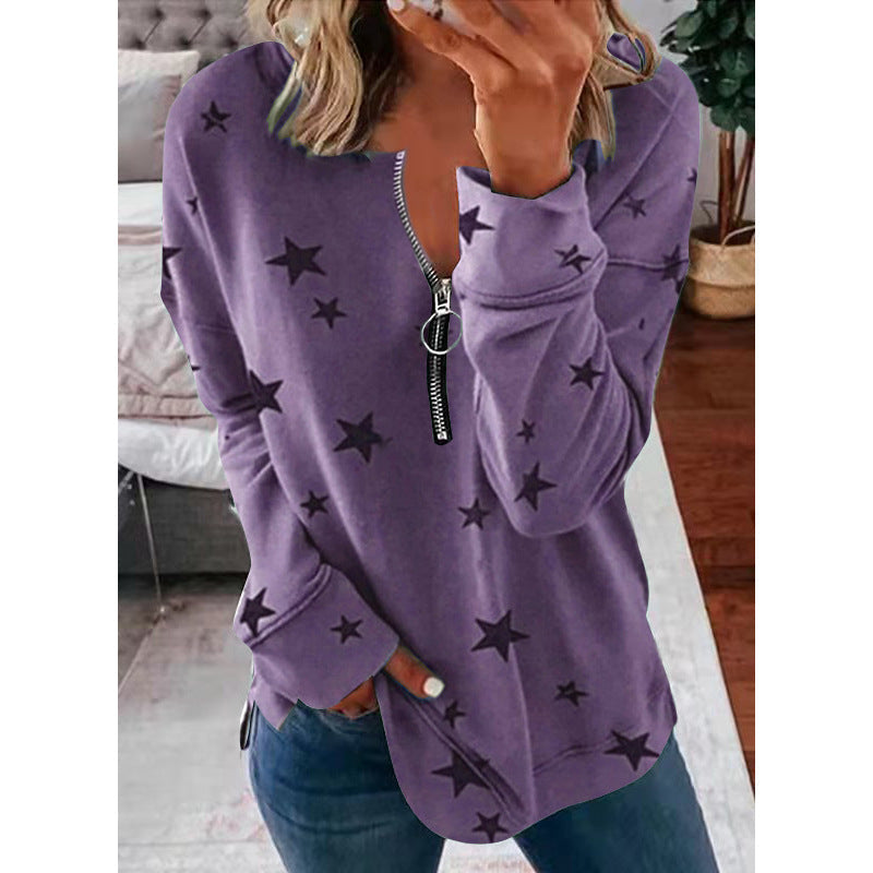 Wynter star print zip front sweater in khaki, front view