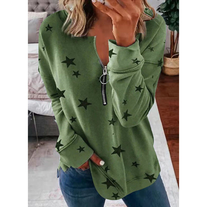 Wynter star print zip front sweater in khaki, front view