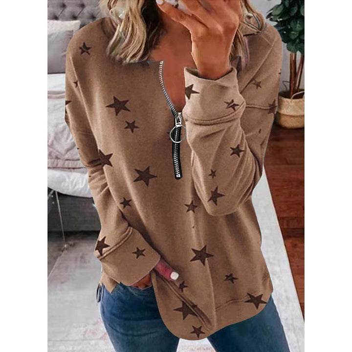 Wynter star print zip front sweater in sage green, front view