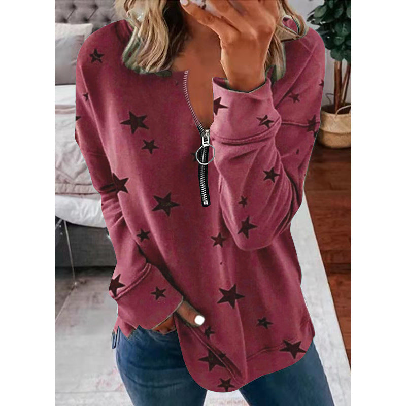 Wynter star print zip front sweater in khaki, front view