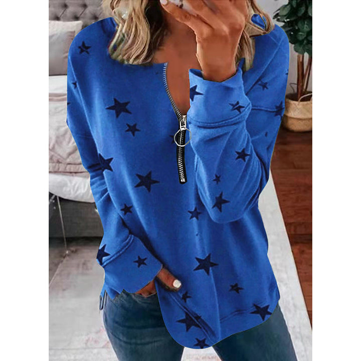 Wynter star print zip front sweater in khaki, front view