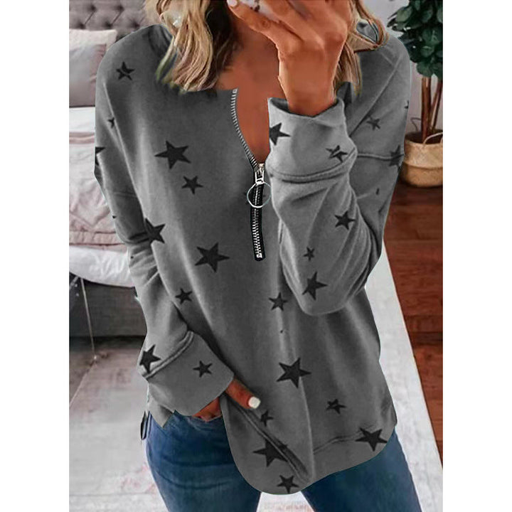 Wynter star print zip front sweater in khaki, front view